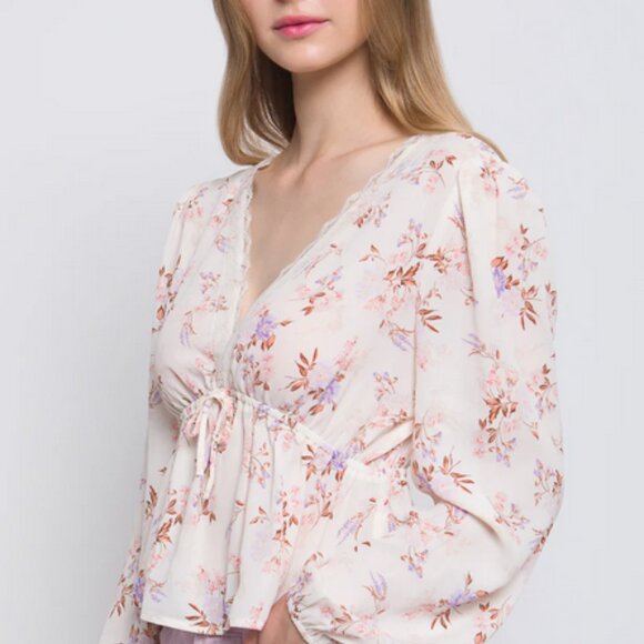 NWOT Large White Long Sleeve Plunge V-Neck Floral Peplum Puff Sleeve Blouse - Picture 2 of 16